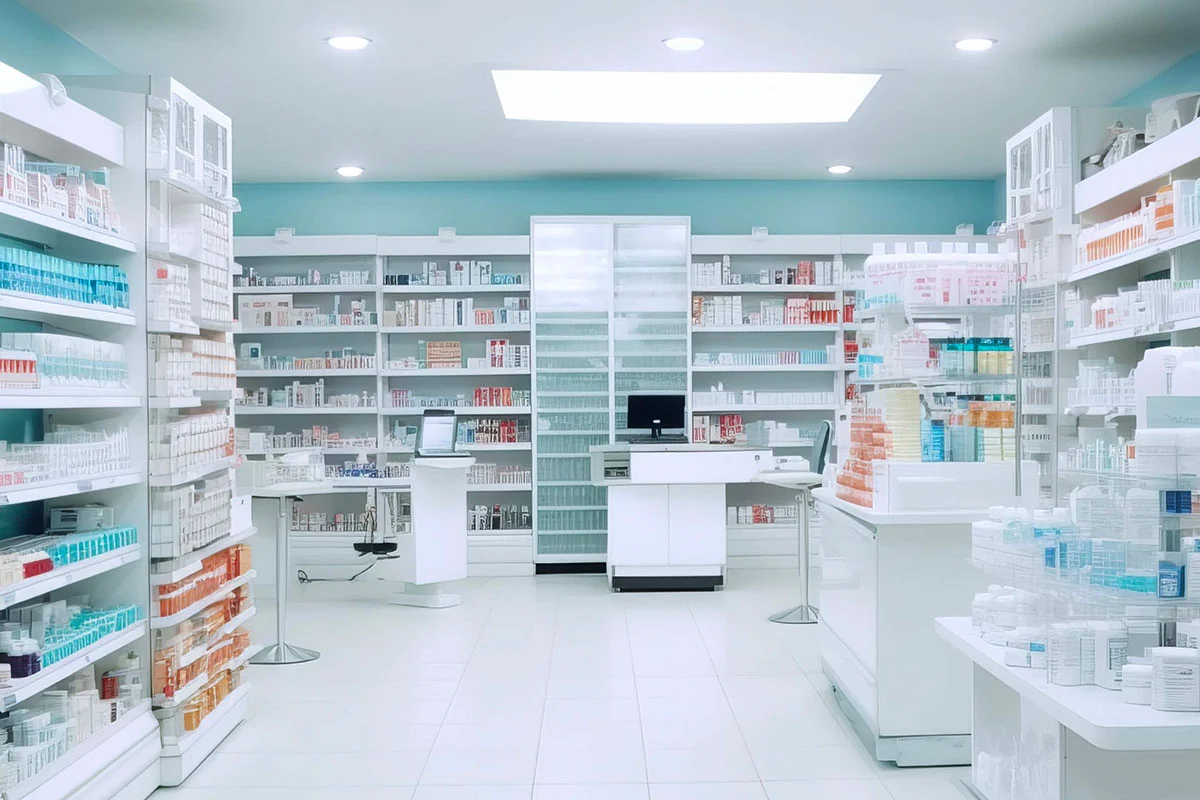 Pharmacy with bright white lights and medical supplies on shelves